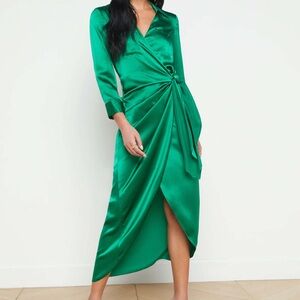 L'Agence Women's Green Kadi Long Wrap Silk dress